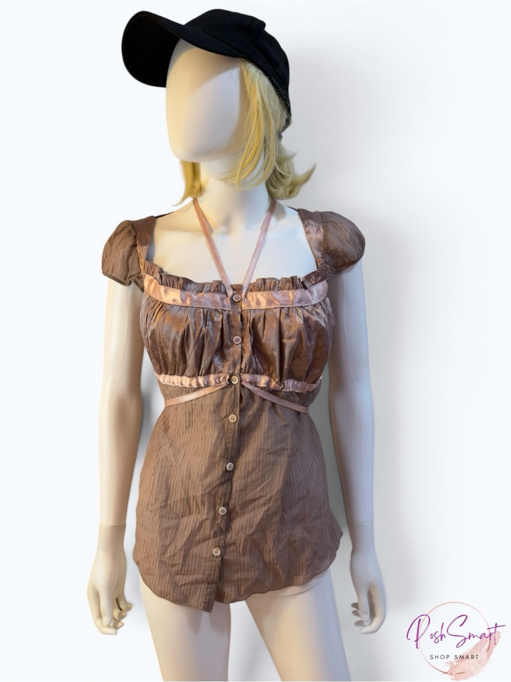 Double Punch Y2K Satin Ruched Cap Sleeve Button Top Brown Rose Gold | Size S
